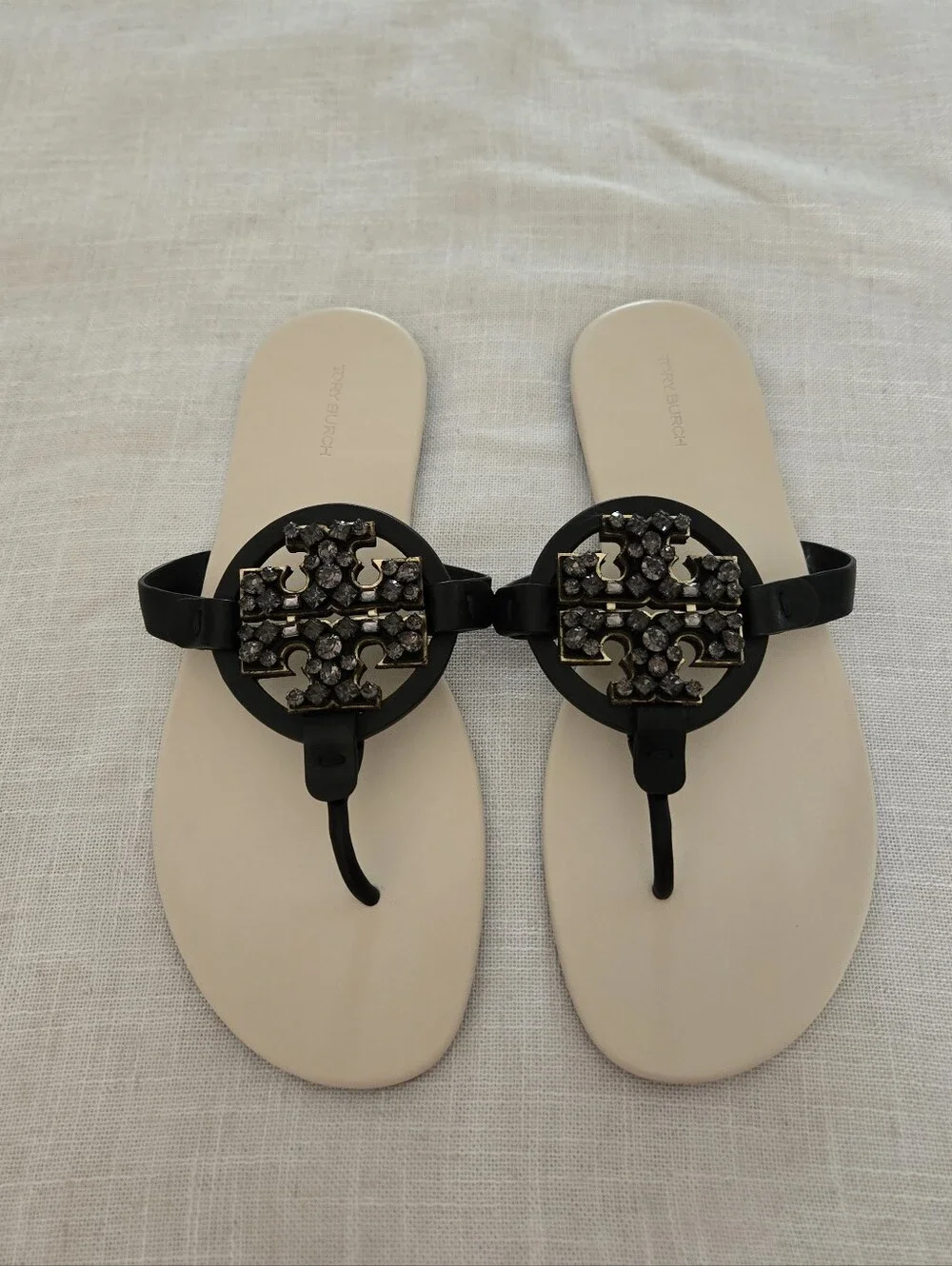 Tory Burch Black Jeweled Logo Soft Miller Sandals
